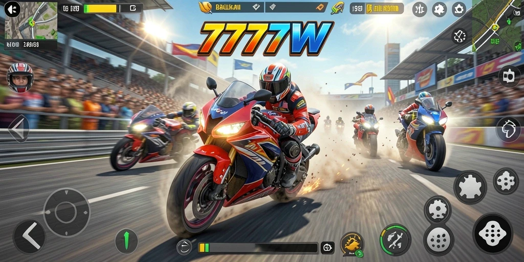 Screenshot gameplay 7777W menampilkan aksi balapan motor yang seru.