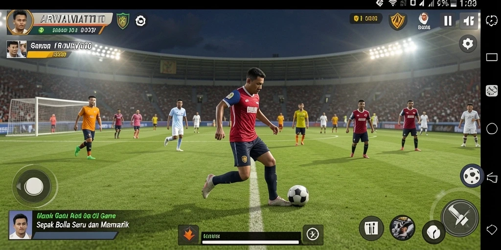 Tangkapan layar gameplay ARWANATOTO yang menampilkan aksi pertandingan sepak bola.