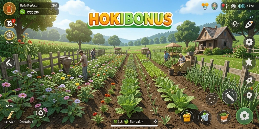Tampilan gameplay HOKIBONUS yang menarik dengan aktivitas berkebun.