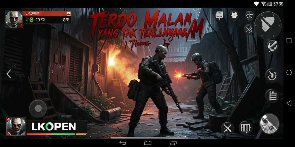 Screenshot utama LKOPEN menampilkan momen menegangkan saat menjelajahi ruangan gelap.