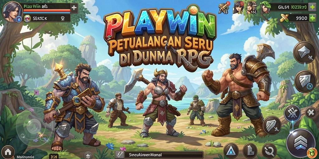 Screenshot utama PLAYWIN menampilkan pertarungan epik di dunia RPG.