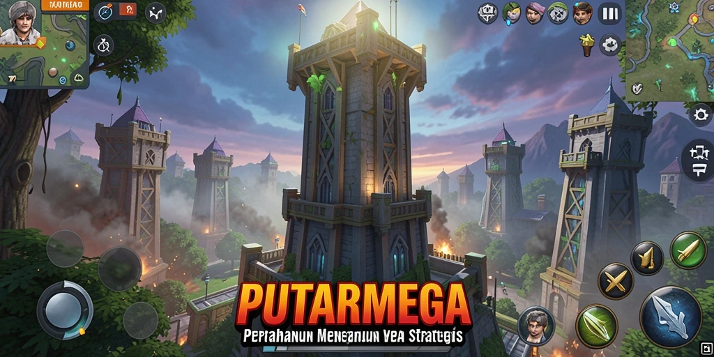 Gameplay PUTARMEGA dengan menara pertahanan yang menarik.