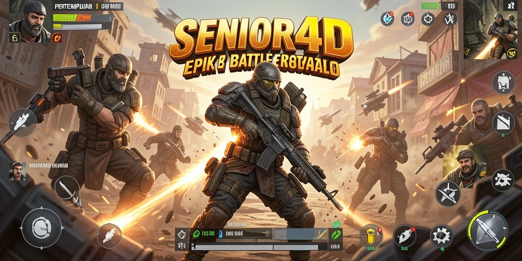 Tampilan gameplay SENIOR4D di medan pertempuran yang intens.