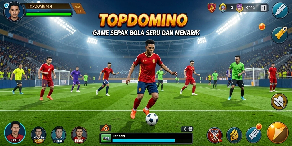 Screenshot gameplay TOPDOMINO menampilkan aksi sepak bola yang dinamis.